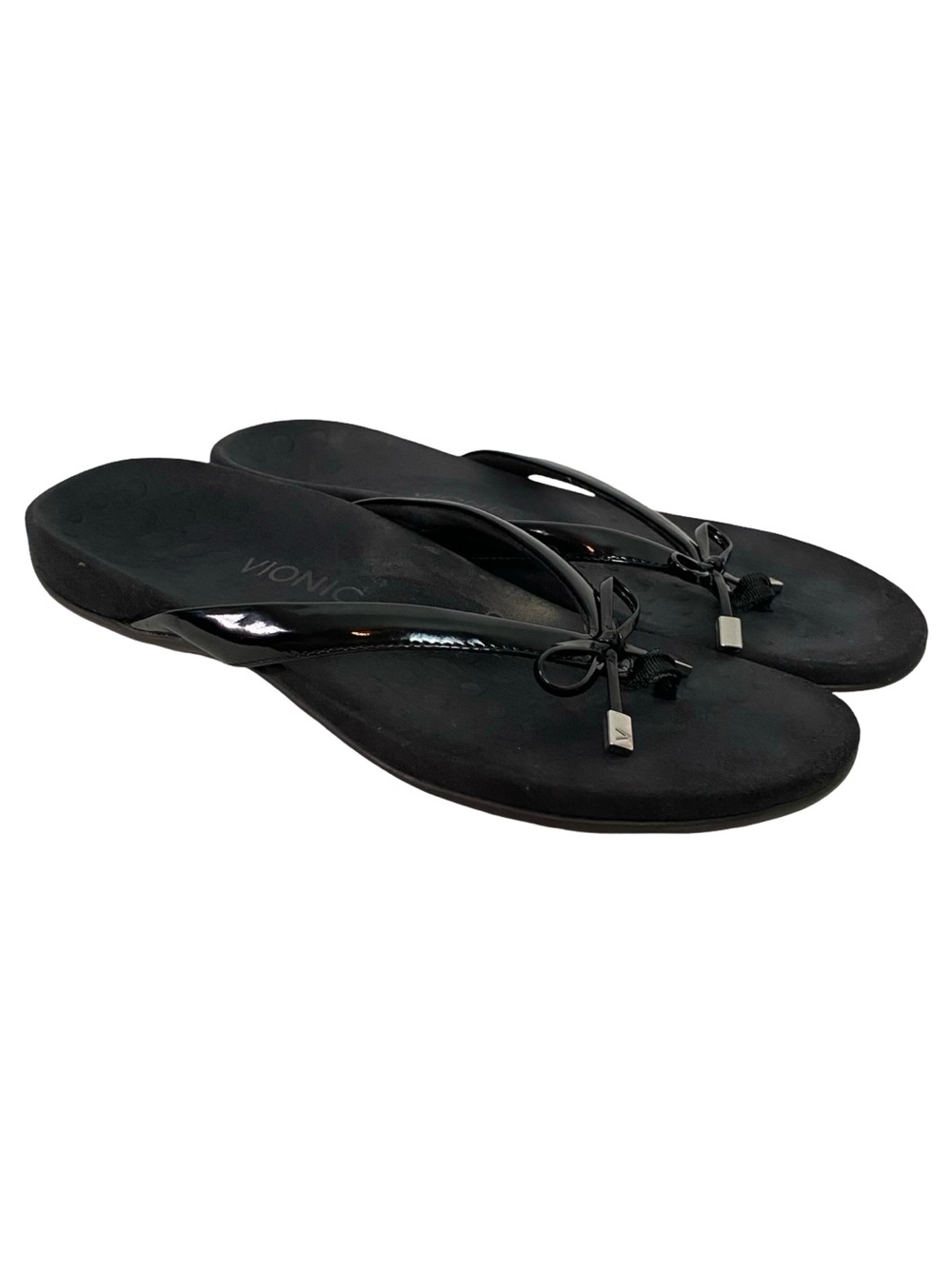 Vionic Bella Il Sandals Shoes Womens Size 10 Black Patent Flop Flops Bows Thongs